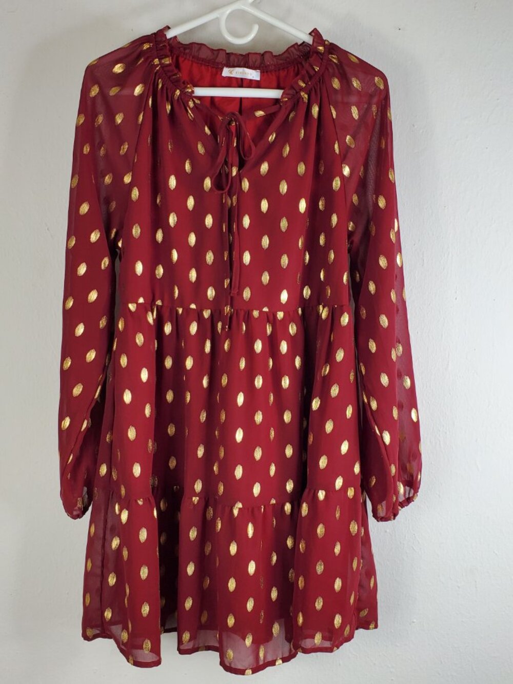 Kirundo Ruffle Vneck Burgundy Gold Polka Dot Dress Sz M Flowy Boho Chic